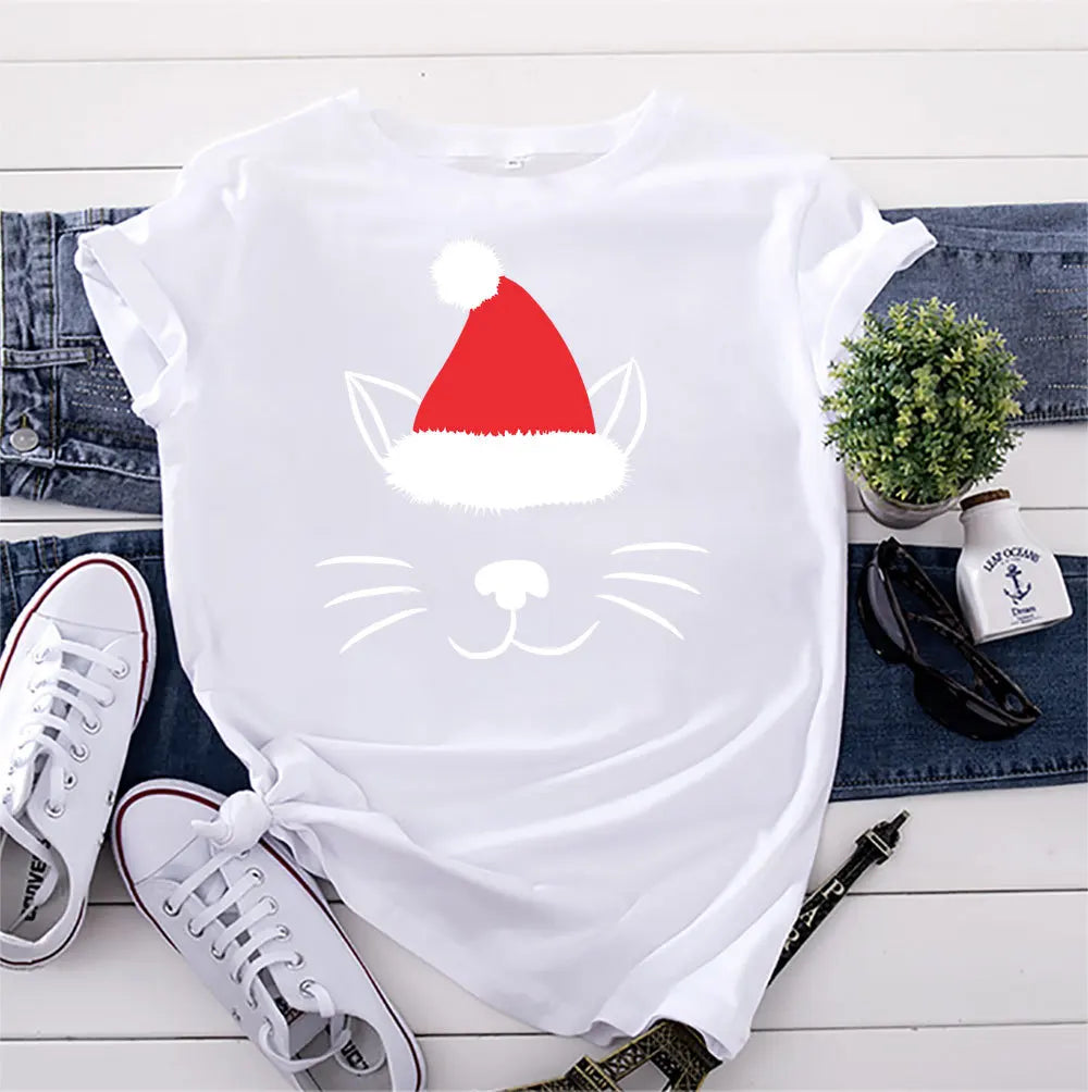 Christmas Hat Cat Face Print T Shirt