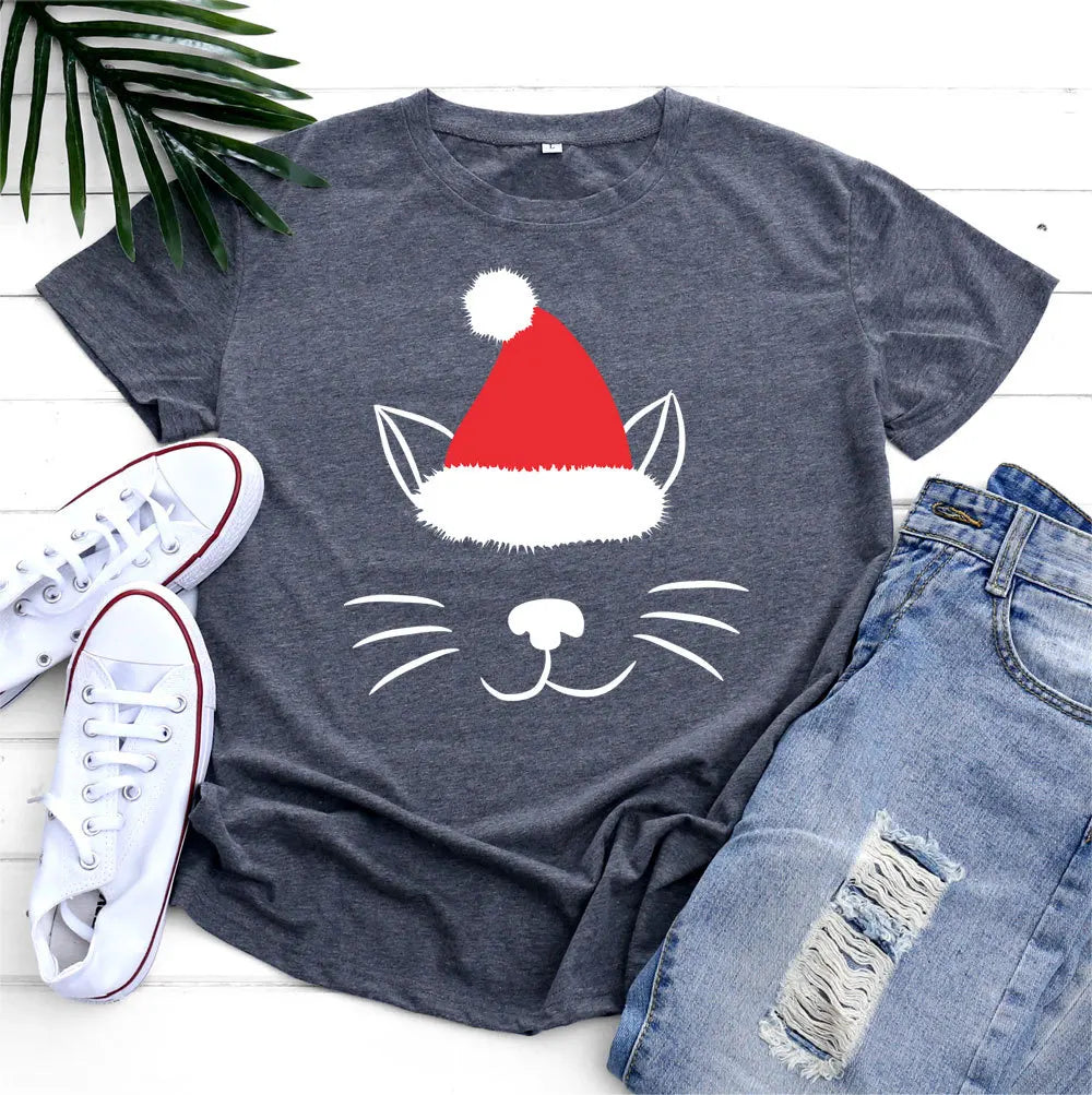 Christmas Hat Cat Face Print T Shirt