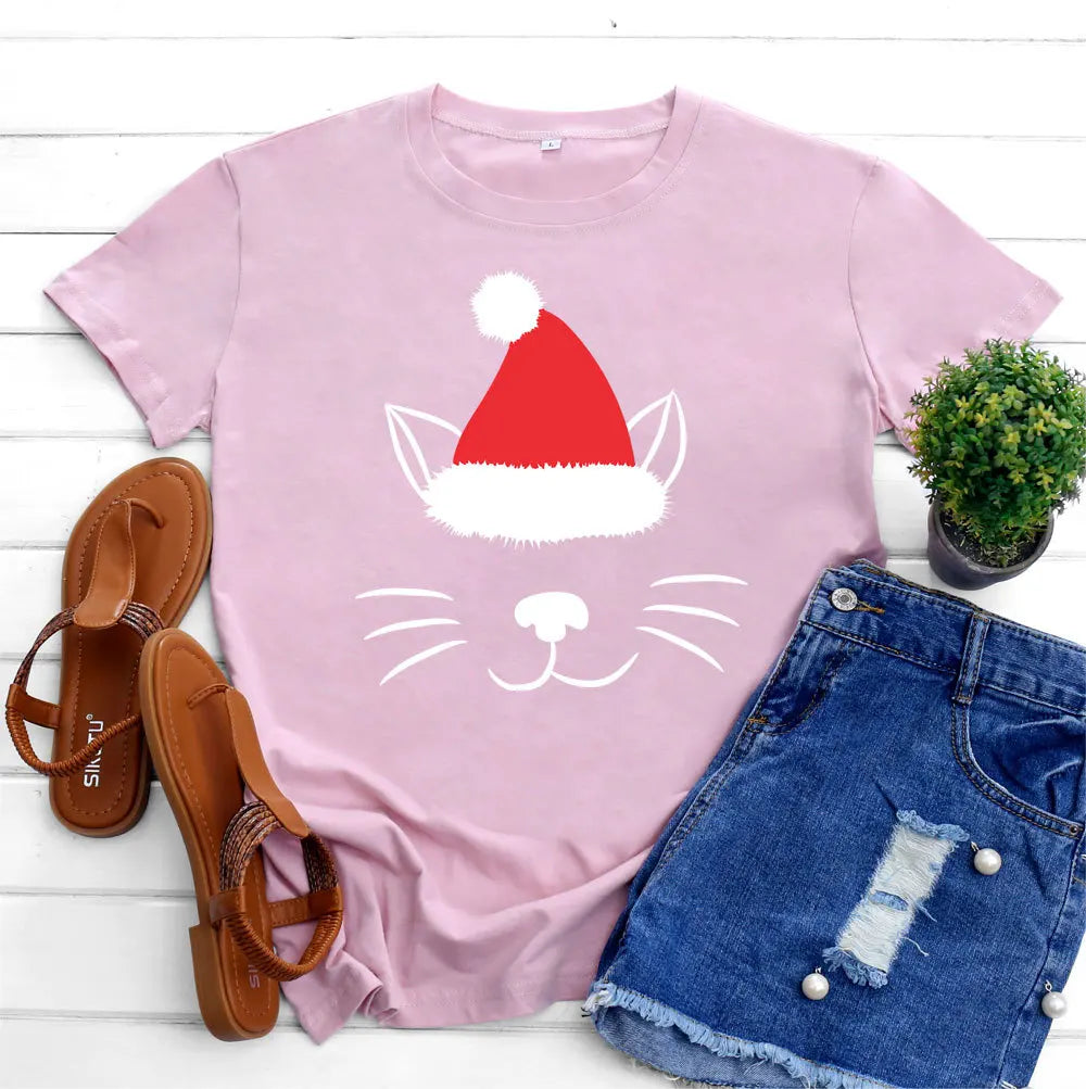 Christmas Hat Cat Face Print T Shirt