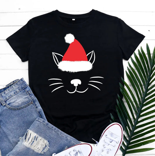 Christmas Hat Cat Face Print T Shirt