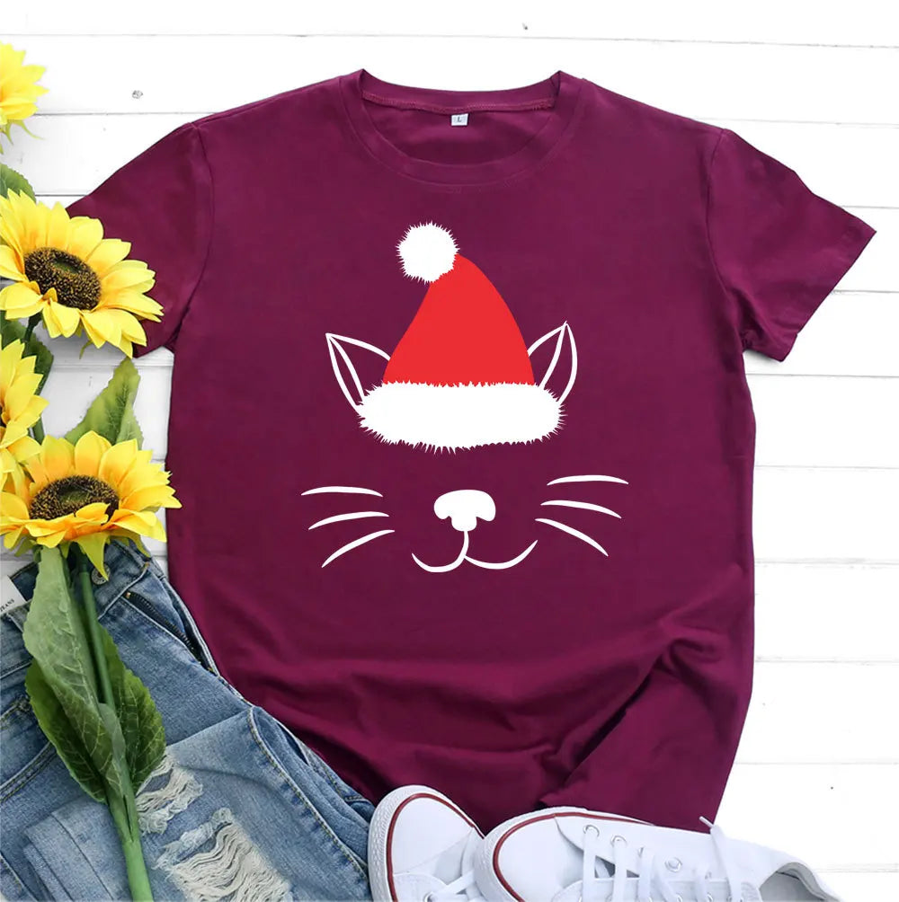 Christmas Hat Cat Face Print T Shirt